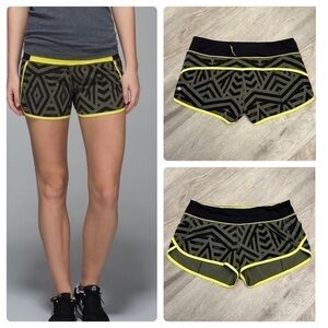 LULULEMON Run Times shorts. 4 way stretch. Chevron Shuffle Fatigue green black